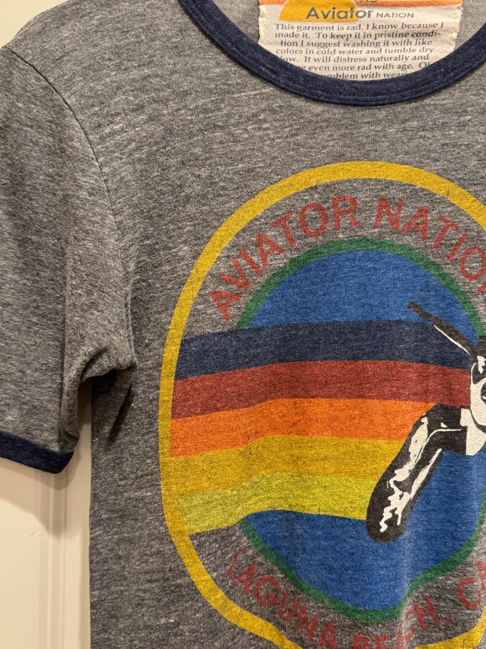Aviator Nation Laguna Beach Gray Short Sleeve Tee with Navy Trim Retro Men XS - Picture 2 of 7